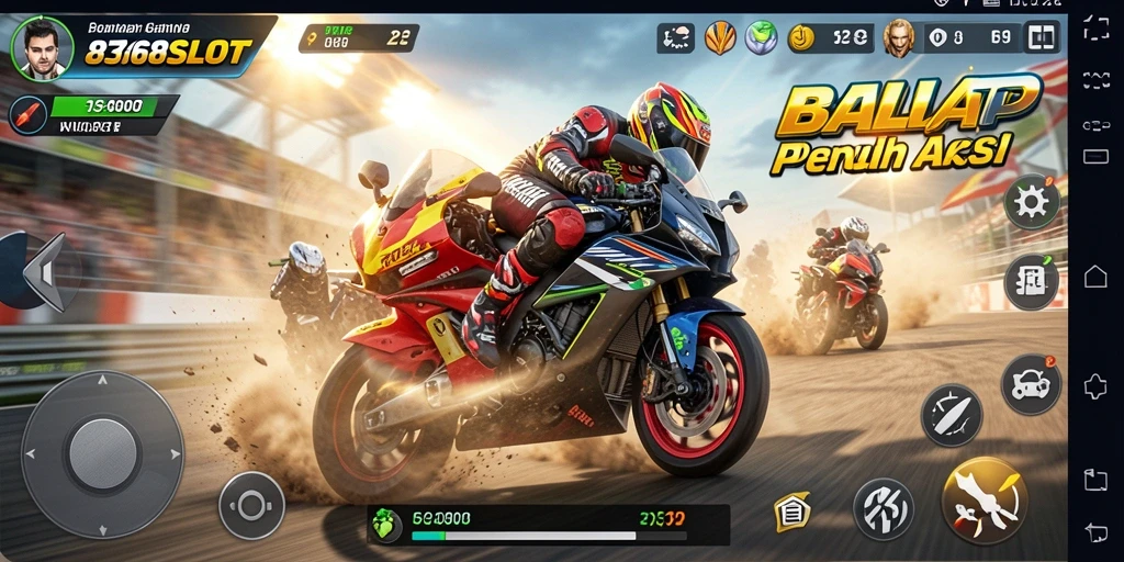 Screenshot utama 8368SLOT menampilkan aksi balap motor yang mendebarkan.