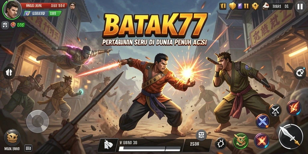 Tampilan gameplay penuh aksi dari BATIK77 dengan karakter bertarung.