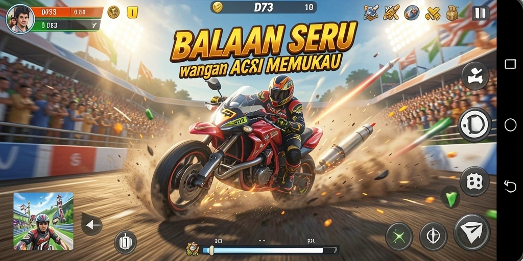 Gameplay D73 yang seru dengan mobil balap cepat di trek menantang.