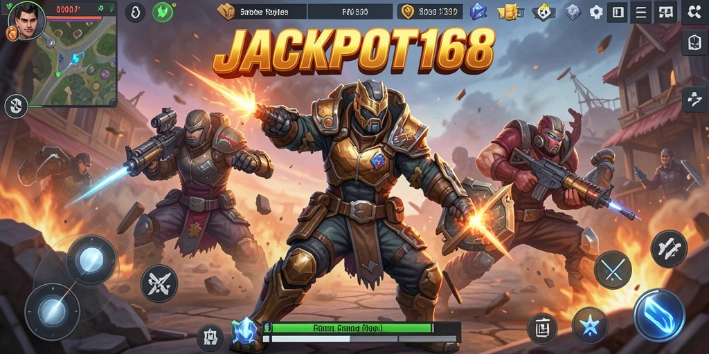Screenshot JACKPOT168 dengan aksi pertempuran mendebarkan di medan perang.