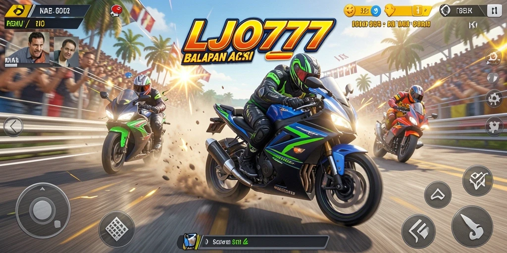 Screenshot gameplay LJO777 menampilkan aksi balapan motor yang mendebarkan.