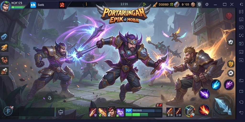 Tampilan gameplay MOBA yang seru dan kompetitif di NOX123.