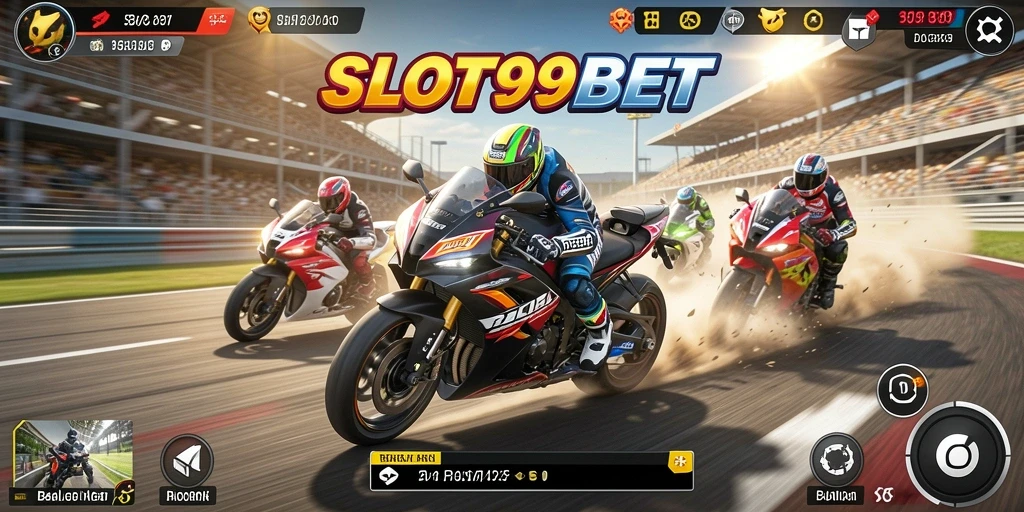 Tampilan gameplay SLOT99BET dengan aksi balap motor seru.