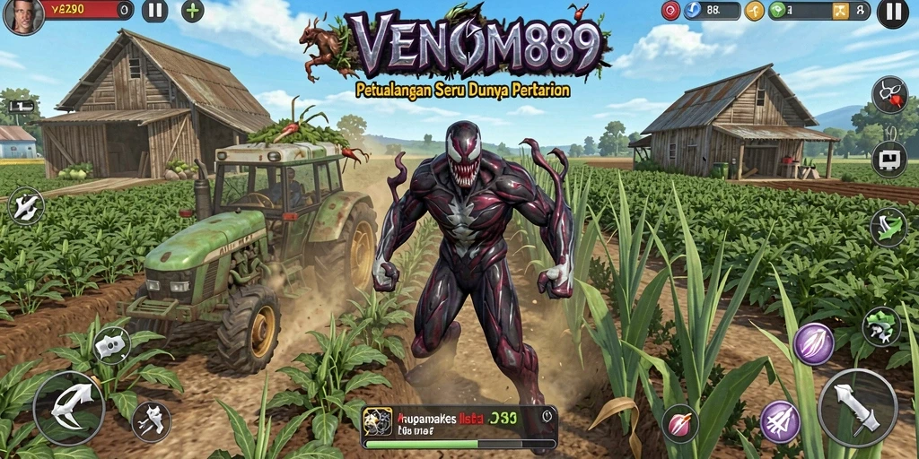 Tampilan gameplay VENOM889 yang menampilkan kebun indah dan aktivitas pertanian.