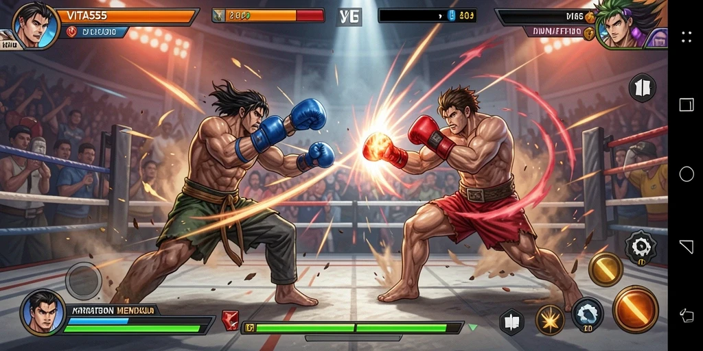 Screenshot gameplay VITA555 menunjukkan pertarungan seru di arena Fighting.